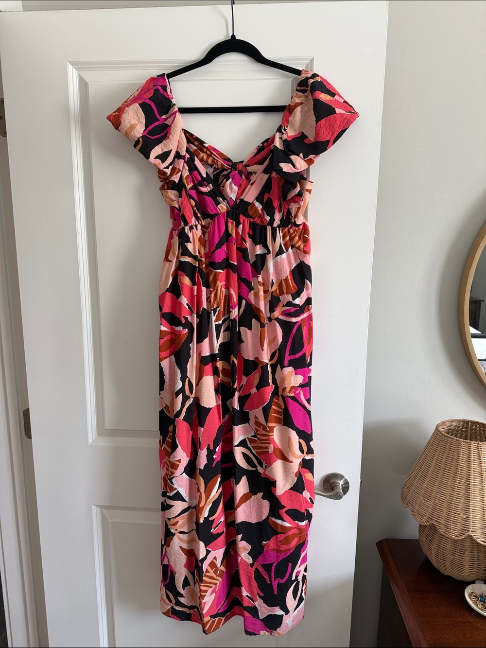 Tropical Pink & Black Maxi Dress with Ruffle Shoulders